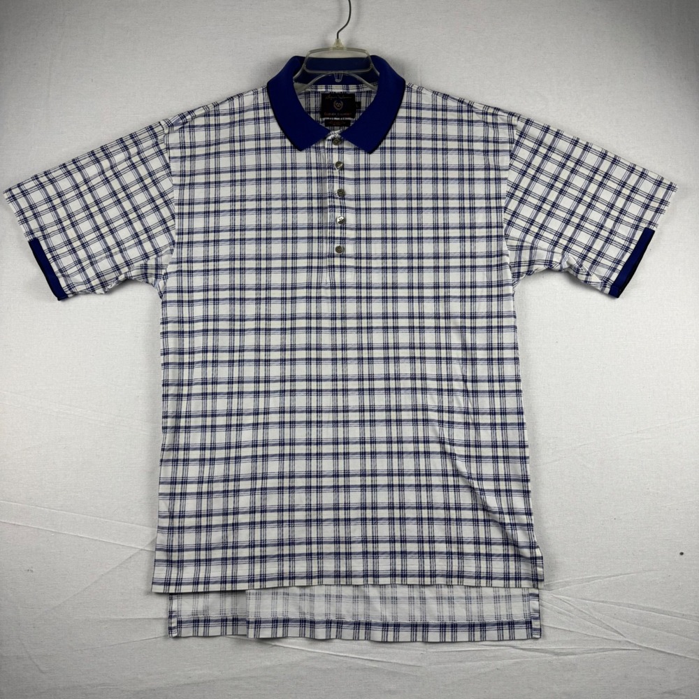 Byron Nelson Eleven Straight Men L Plaid Polo Shirt Blue White Cotton Vintage